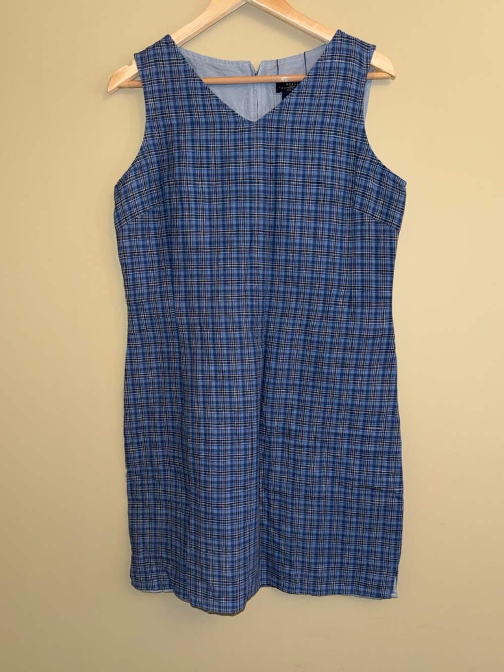 Crazy Horse Linen Sleeveless Shift Dress Size 12P Blue Plaid Ethereal Preppy